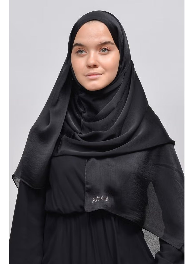 Altobeh Janjan Shiny Satin Textured Hijab Evening Dress Chiffon Shawl-Black - Image 1